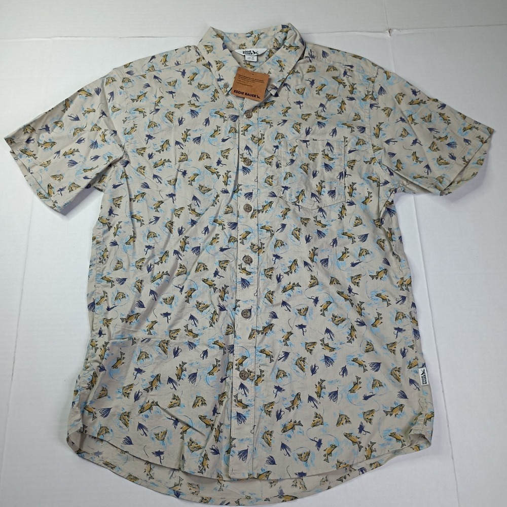 Eddie Bauer Baja Short-Sleeve Shirt Men's Size‎ M Beige All-Over Animal Print
